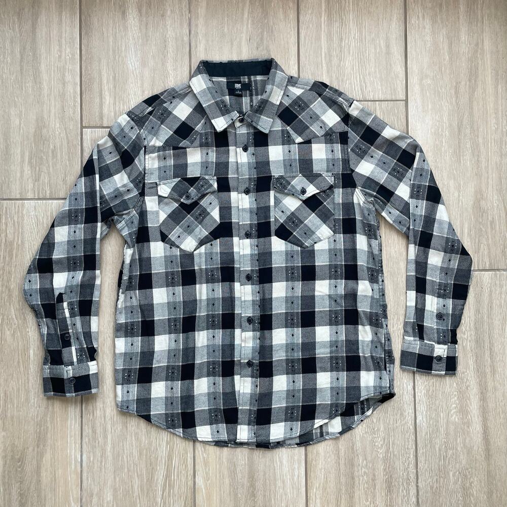 Frye Men’s Large Plaid Flannel Shirt Gray Black Button Up Western Workwear